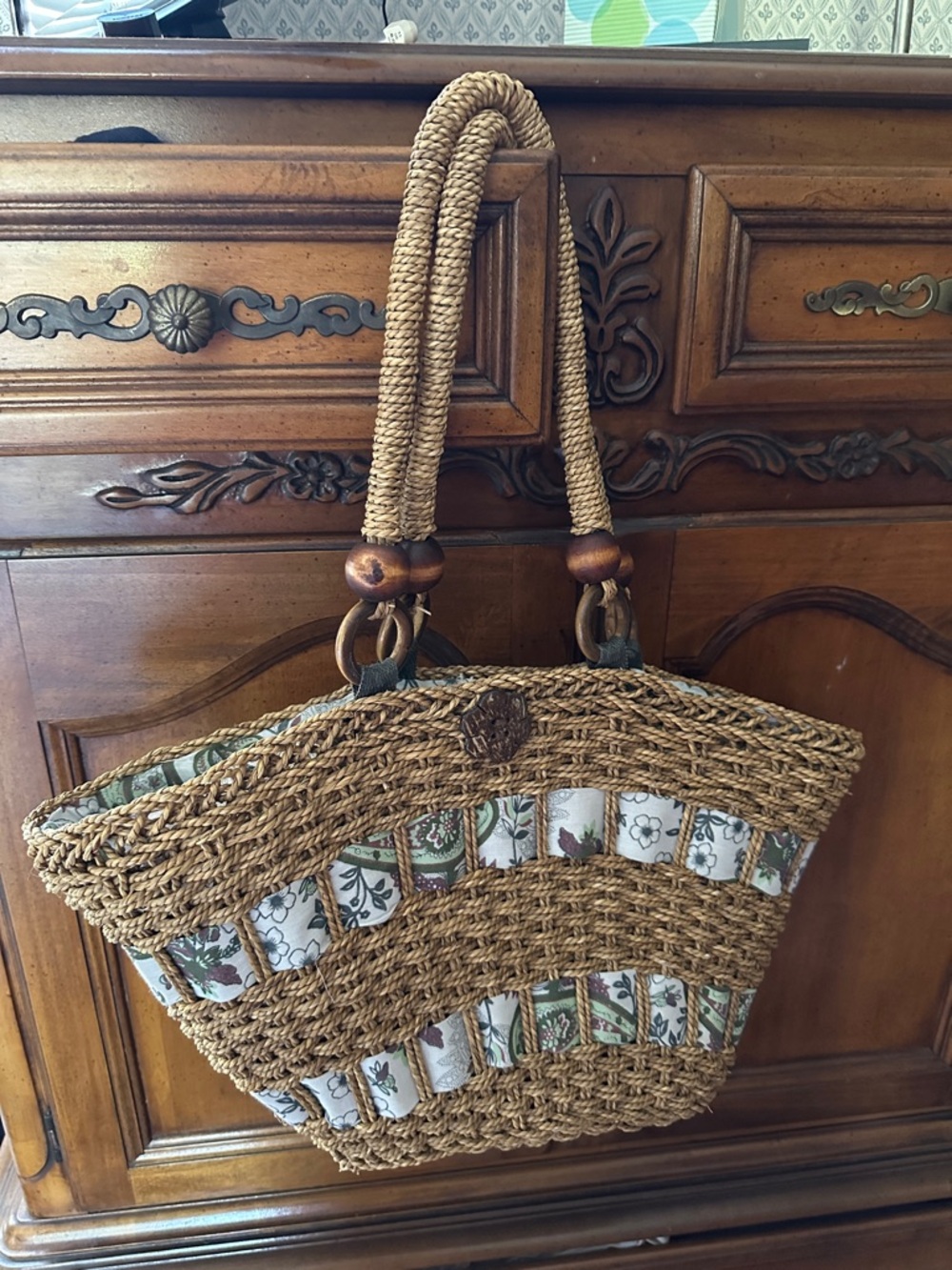 Woven Straw Tote with Floral Fabric Insets - Natural
